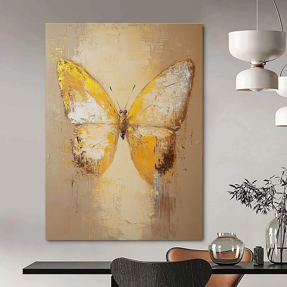 Large abstract butterfly painting in beige and yellow tones with textured old canvas and gold elements, capturing a love for nature and artistic expression.STSC1028