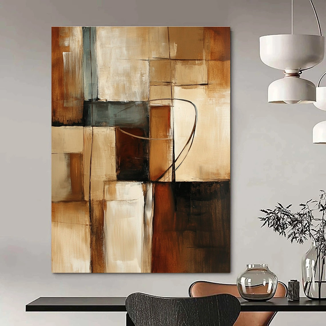 Large abstract painting featuring earthy tones and geometric shapes with textured brush strokes creating a calm and dynamic atmosphere.STSC751