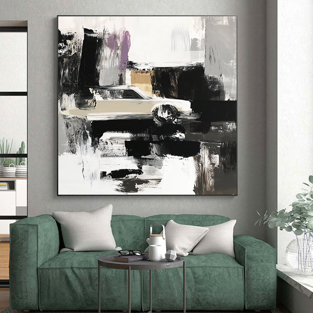 Abstract Car Scene Painting with Neutral and Purple Tones GER360