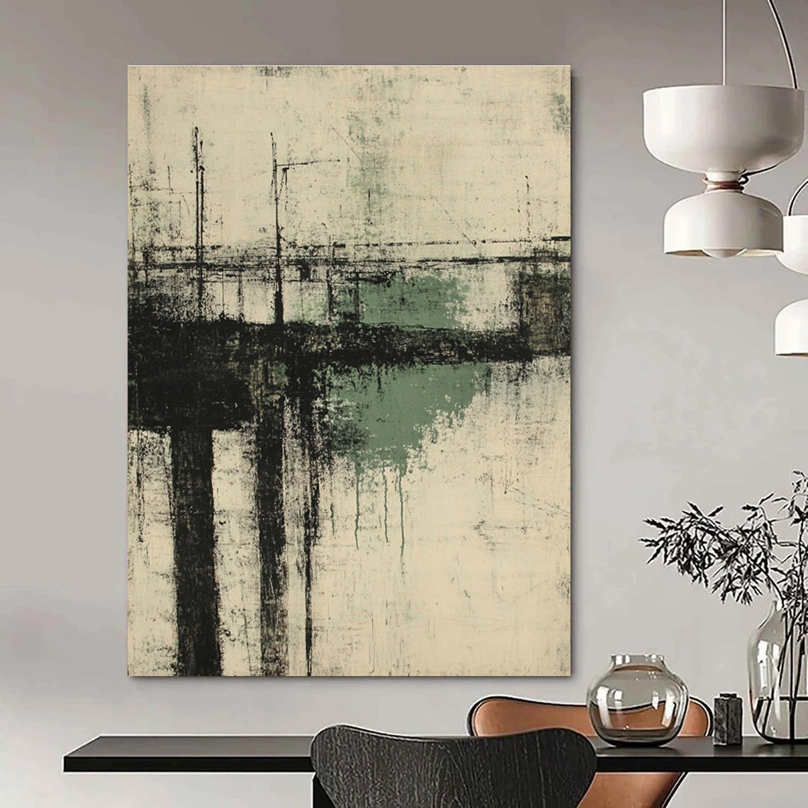 Large abstract painting of an old pier in neutral greens and grays capturing the essence of Kathryn Statsny's style.STSC658
