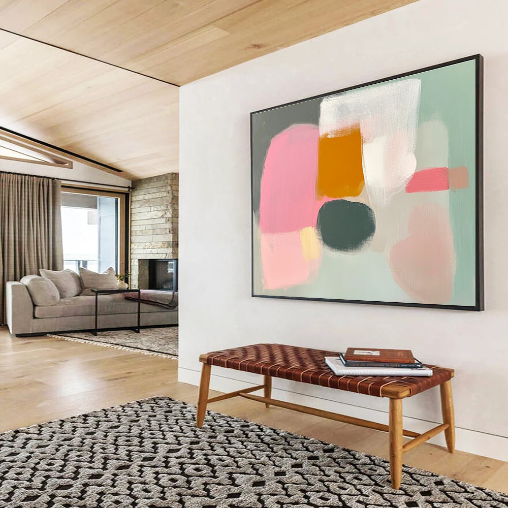 Large abstract painting in pink grey and white with loose brushwork soft pastels and negative space inspired by Etel Adnan.SC380