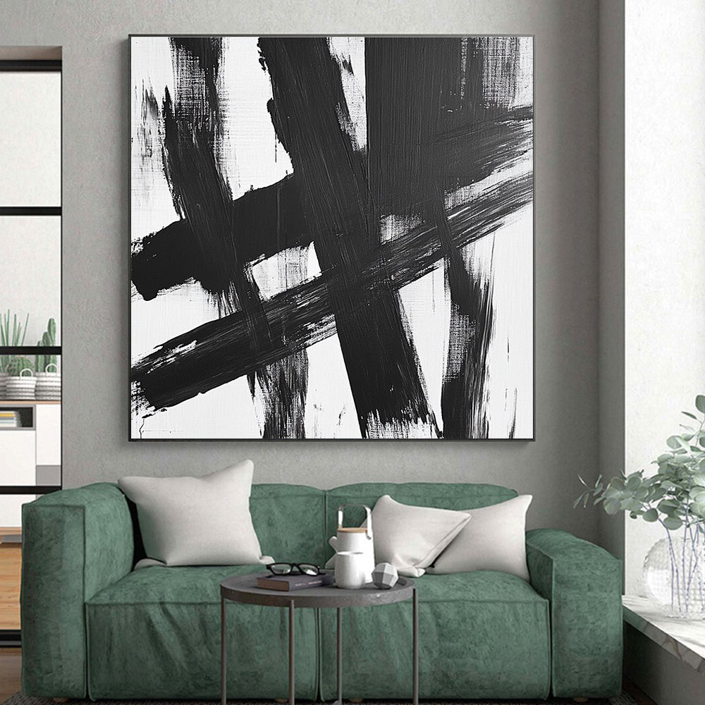 Black White Crossed Strokes Abstract Painting GER826