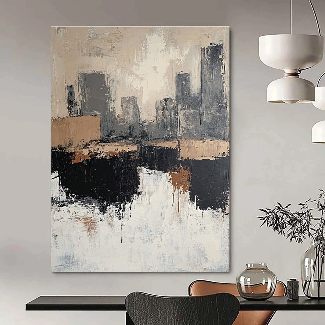 Large abstract painting featuring beige and white tones with gray and brown accents depicting rocks and a cityscape in a minimalist style.STSC412