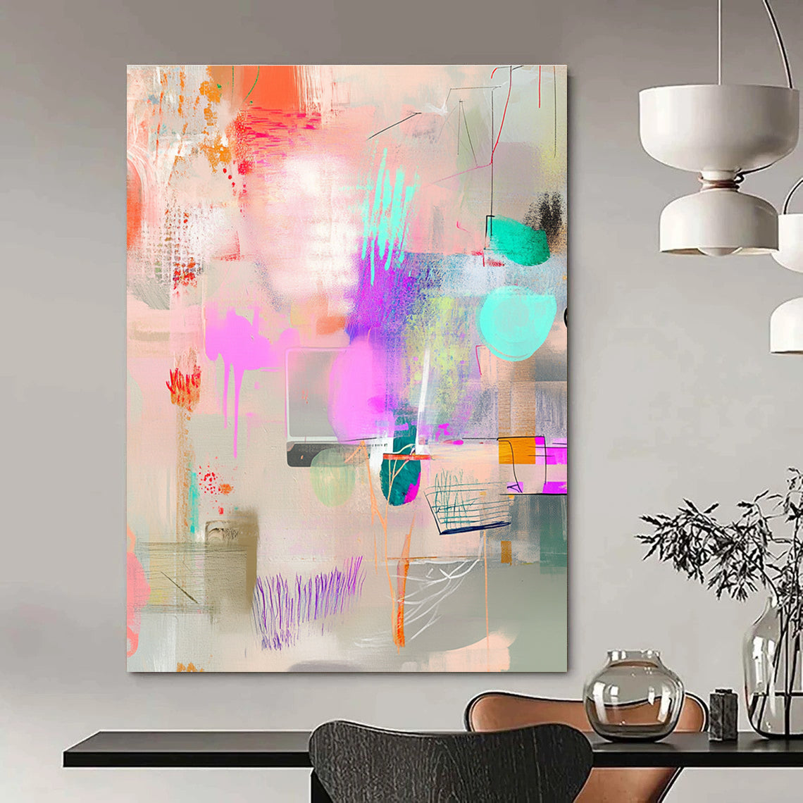 Large abstract painting featuring pastel colors and whimsical shapes on a light gray background ideal for creating a cheerful atmosphere in any space.STSC1025
