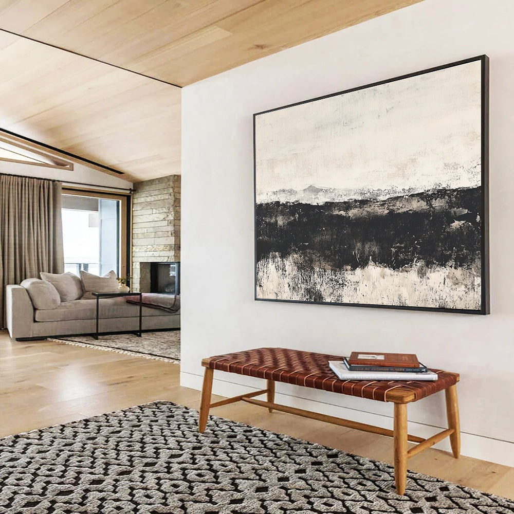 Large abstract painting of the English countryside featuring an open field and distant hills with a textured watercolor effect and calming gray gradient backdrop.SC014