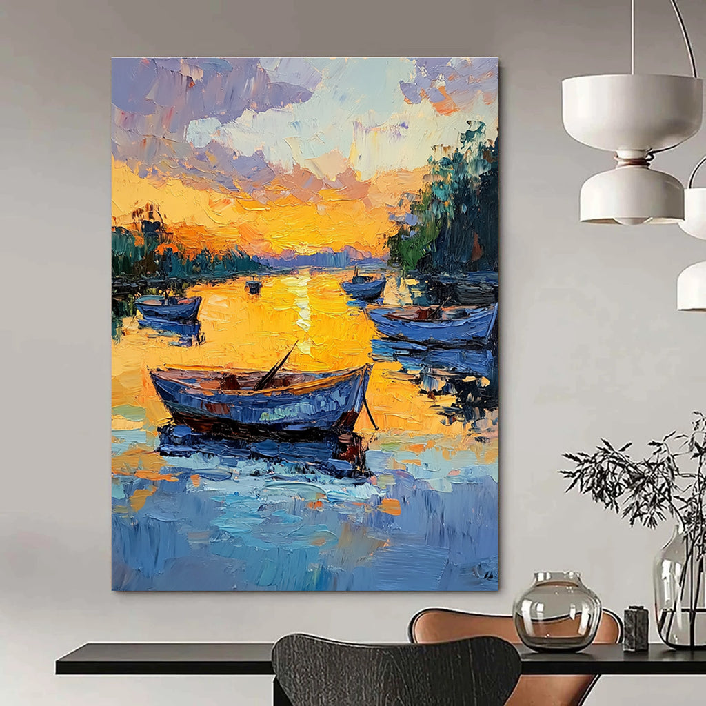 Large abstract painting featuring boats at sunset with rich colors and expressive brushstrokes capturing serene reflections on calm water.STSC1389