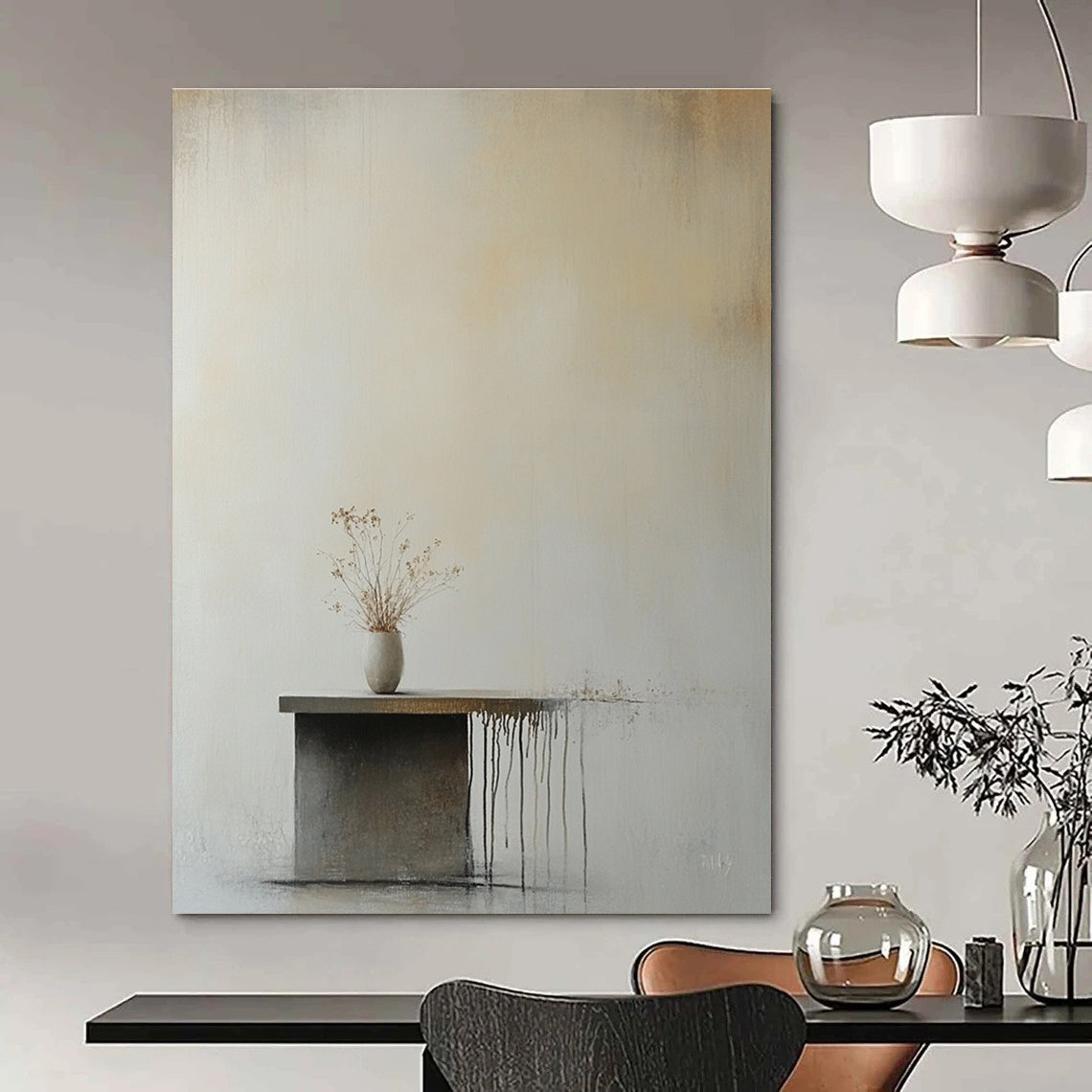 Abstract painting of an empty wall featuring a small table and flower vase in soft beige and gray tones with minimalist aesthetic.STSC641