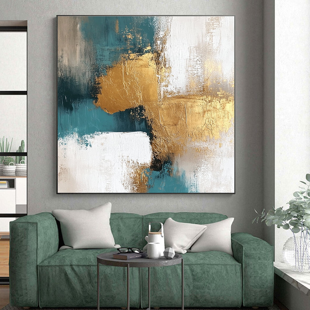 Teal Gold and White Abstract Painting with Artistic Textures GER677