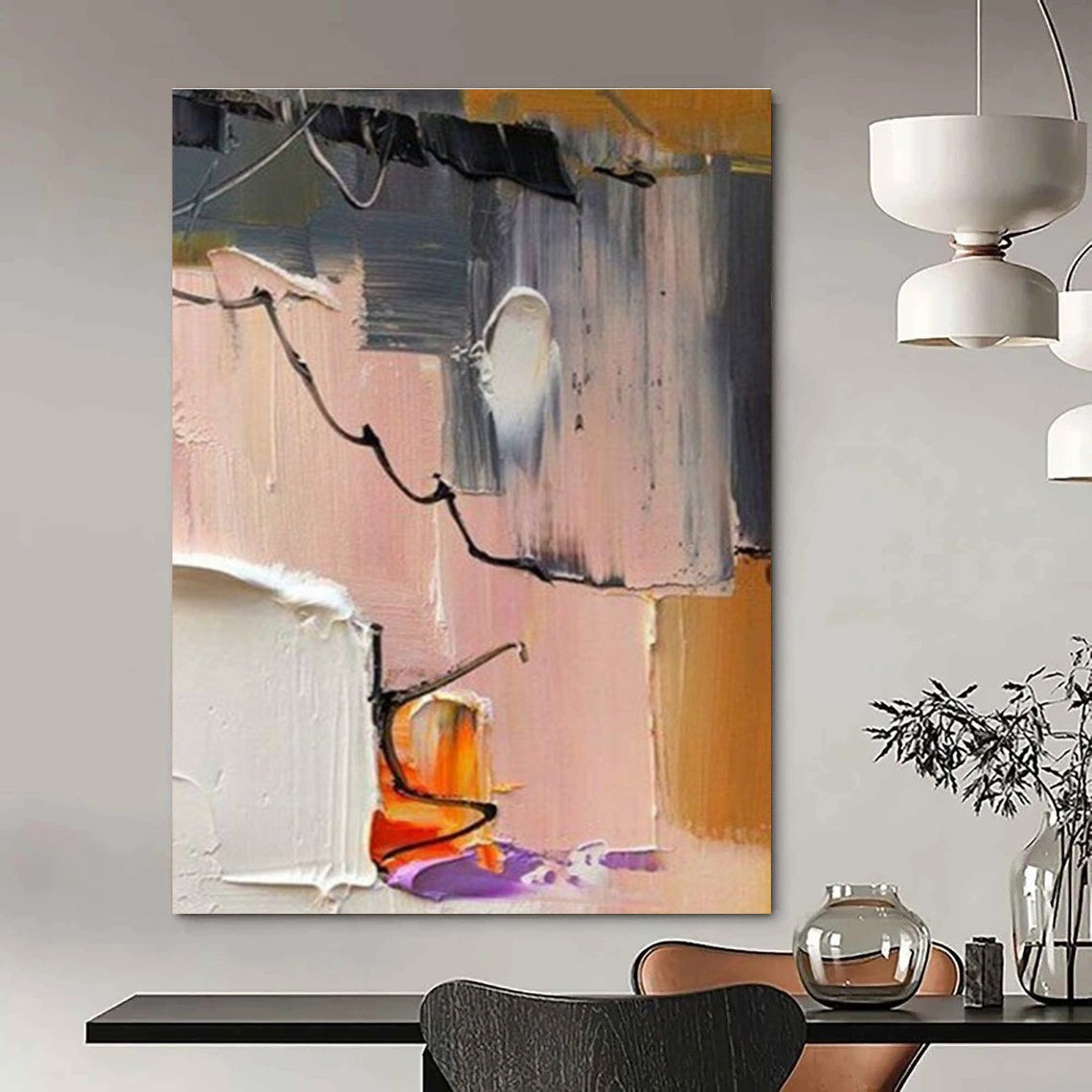Abstract Painting with Gray Pink and Black Lines ADGE270