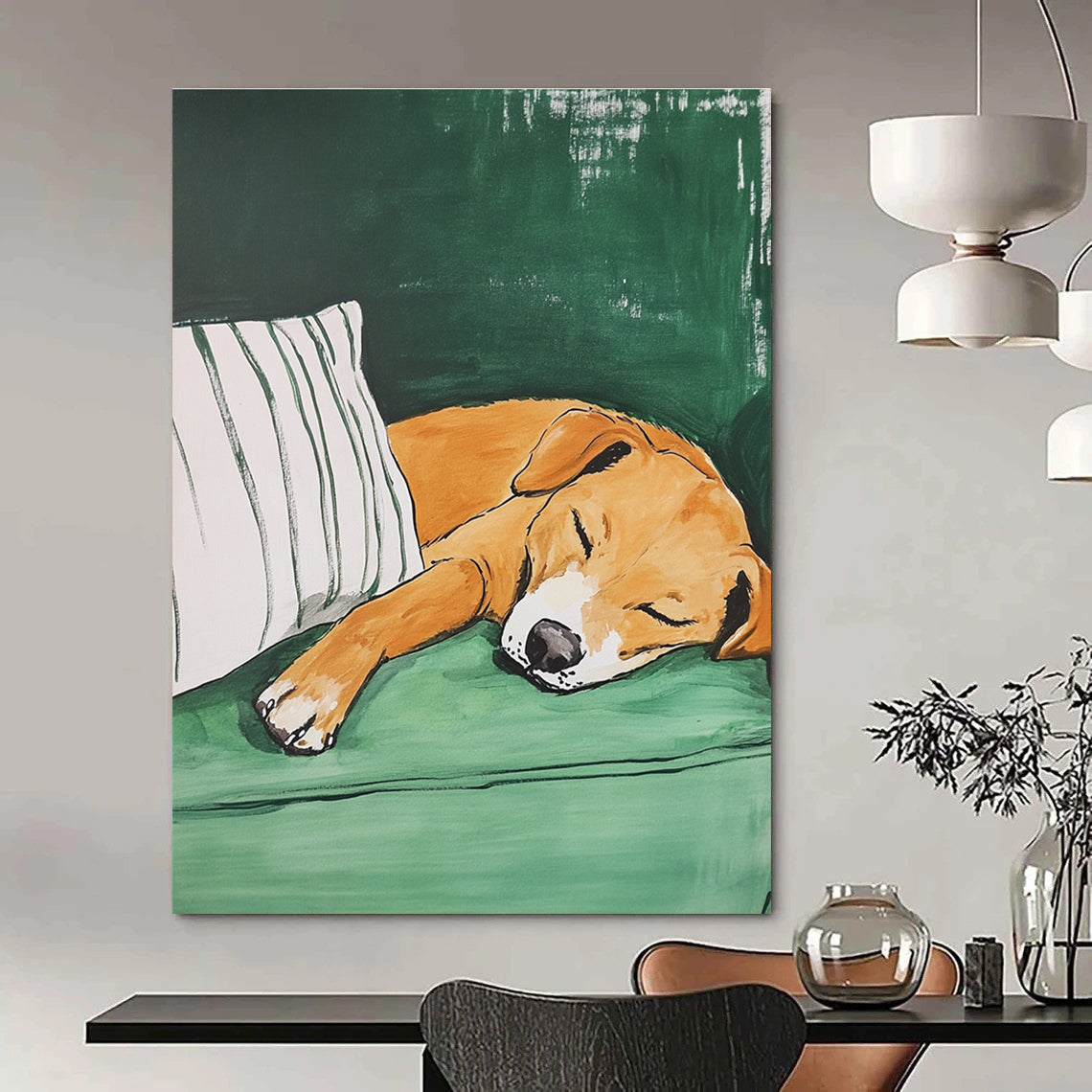 A large abstract painting featuring an amber dog sleeping on a green couch with a striped pillow showcasing visible brush strokes and textured effects.STSC1188