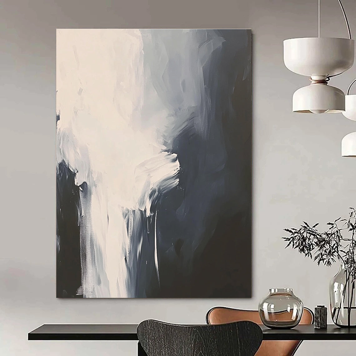 Large abstract painting in white and gray featuring atmospheric brushstrokes and a cloud pattern on a black background with a minimalist style.STSC236