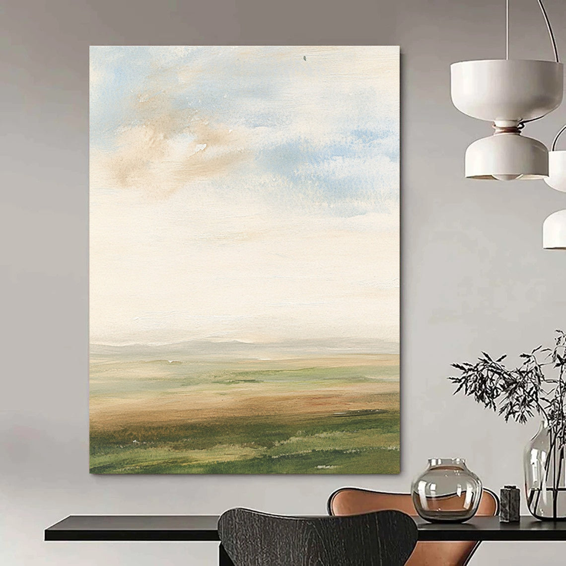 Abstract watercolor painting of an English landscape featuring soft clouds grassy fields muted colors and impressionist brush strokes.STSC497