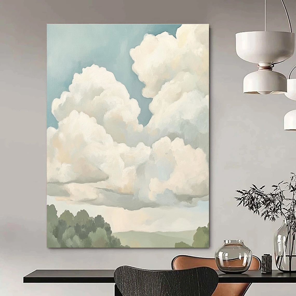Large abstract painting featuring soft clouds in muted colors and neutral tones, creating a calming and serene atmosphere.STSC1395
