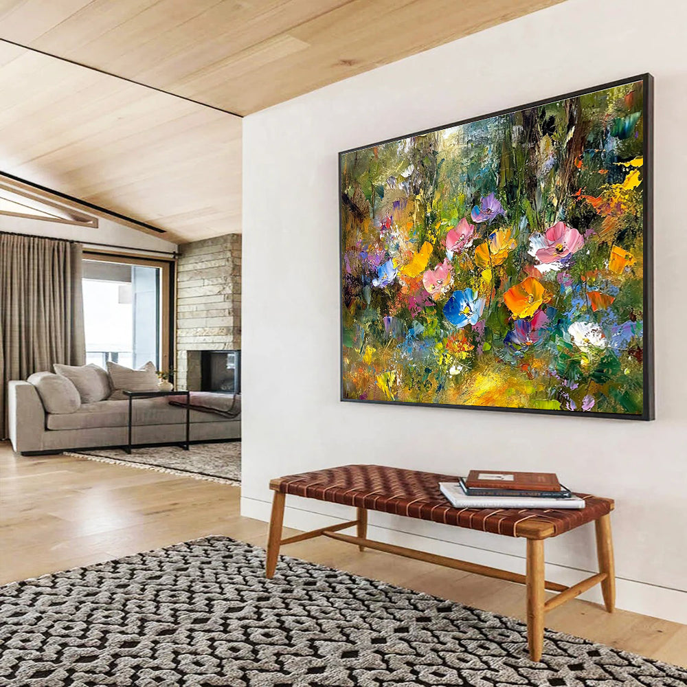 An abstract painting featuring vibrant wildflowers in a forest with expressive colors and blurred background, highlighted by golden foliage and trees.SC401