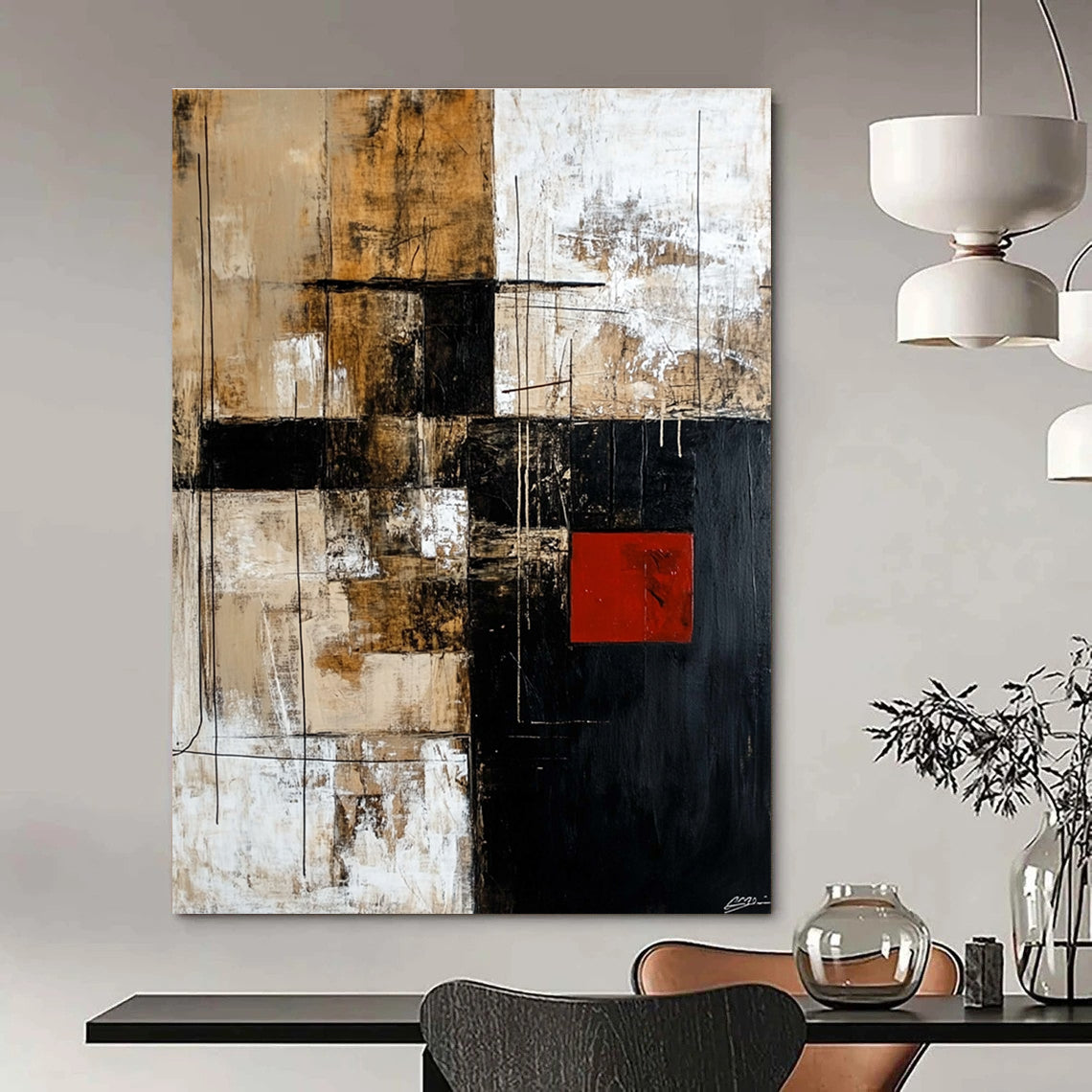 Large abstract painting in black brown beige and white with striking red square adds contrast to the dynamic design.STSC391