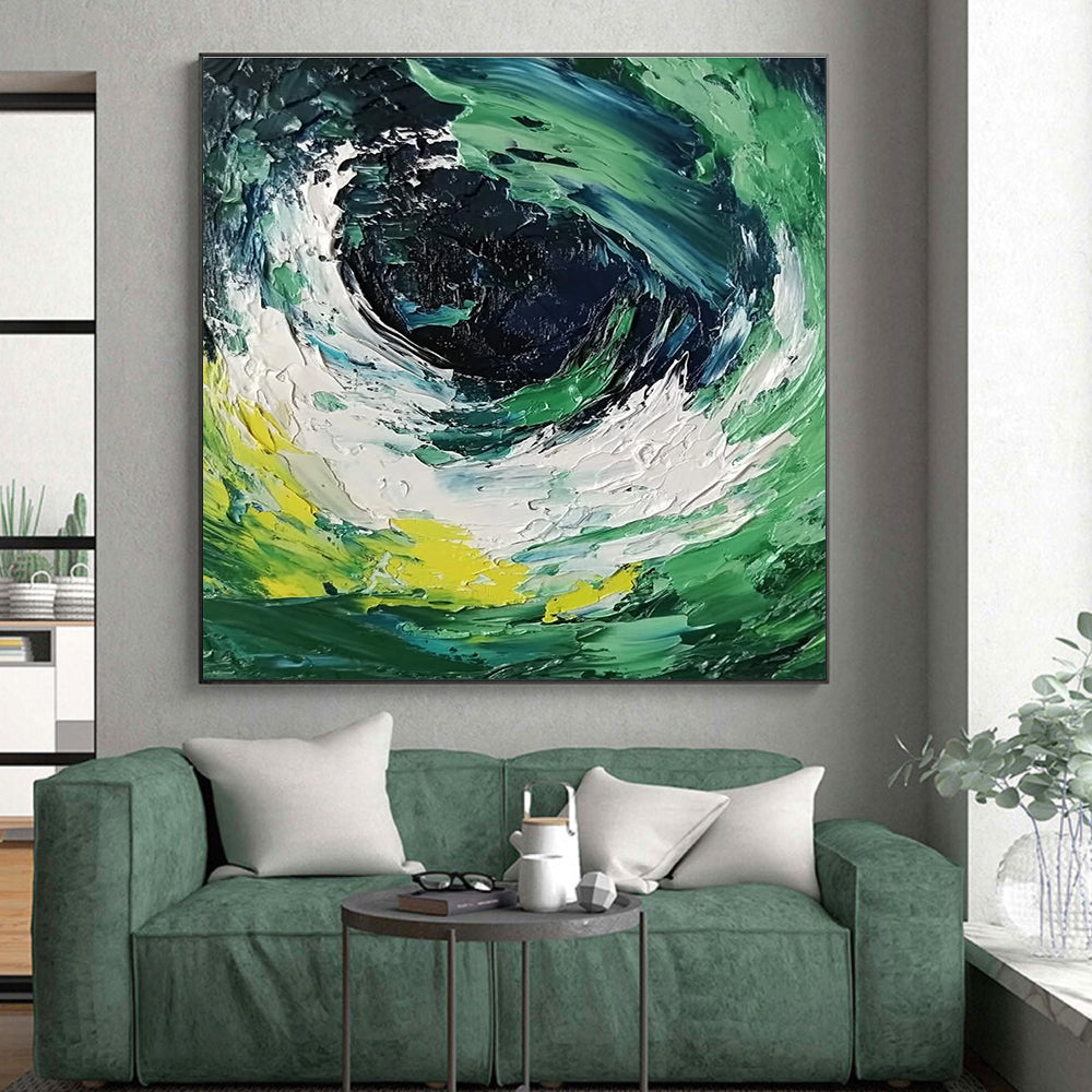Green Blue and White Swirl Abstract Painting with Dynamic Textures GER070