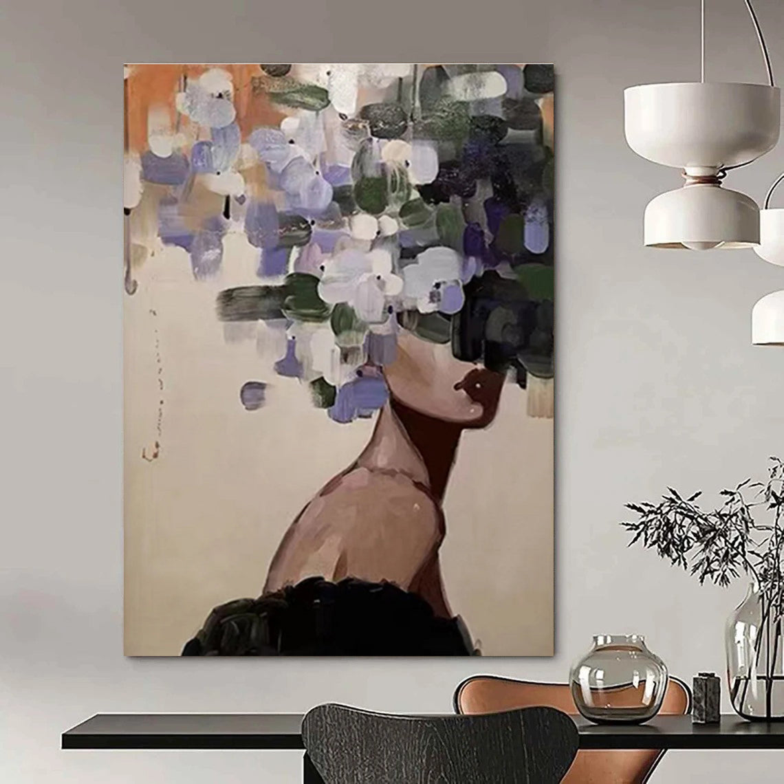 Figure with Flower Head Abstract Painting in Purple and Green ADGE309
