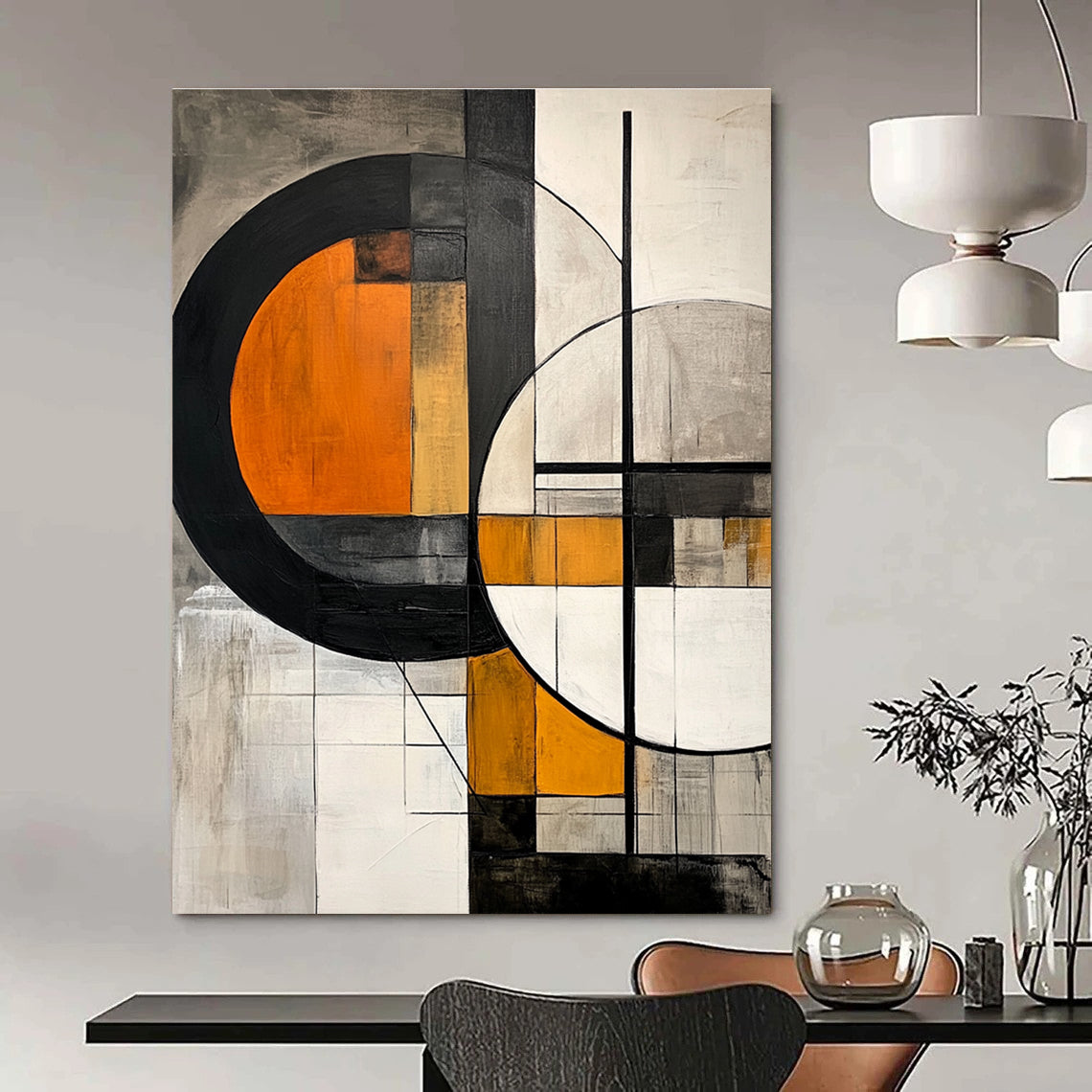 Large abstract painting featuring geometric shapes with orange interiors on a grey background accented by black lines and grey white elements.STSC222