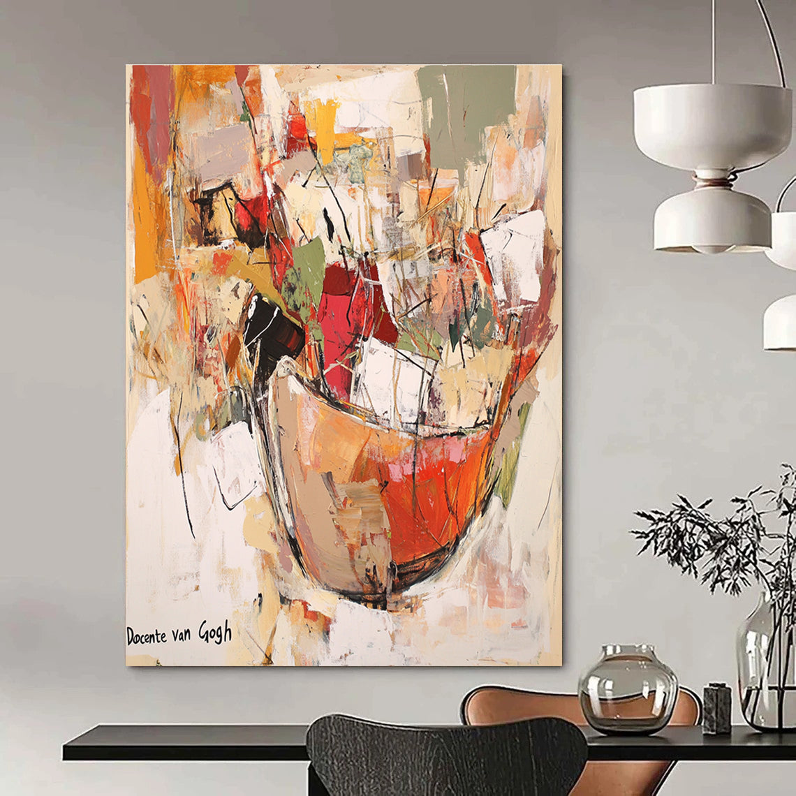 Large abstract painting featuring an earthenware jar overflowing with vibrant fabric and paper, set against a soft neutral background with floating elements.STSC639