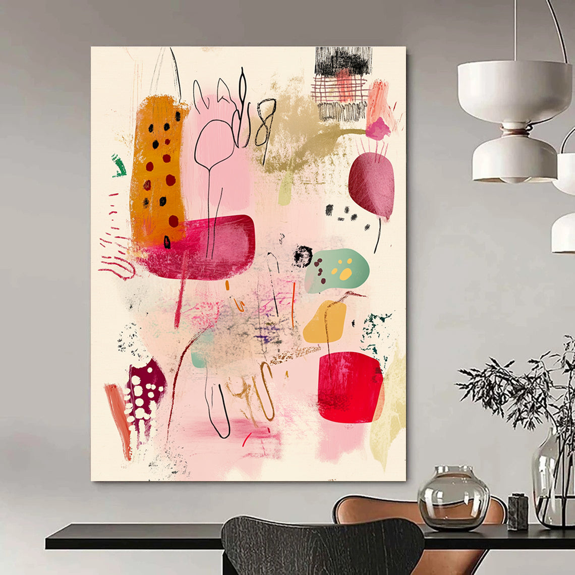 Large abstract painting featuring organic forms in pink red green and yellow with vintage textures and expressive brushstrokes on a light background.STSC1193