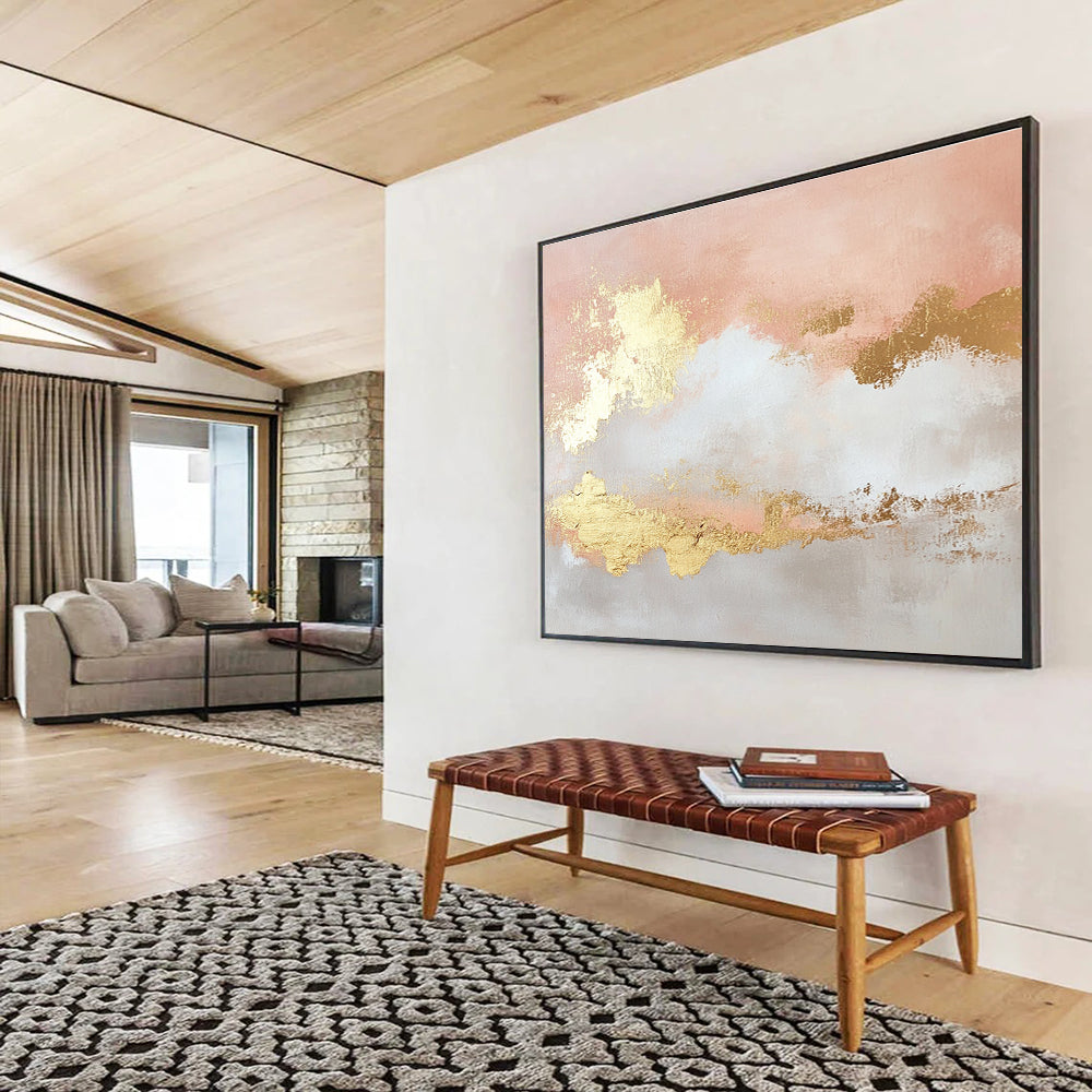 Pink and Gold Abstract Painting with Cloud - like Forms DYP395