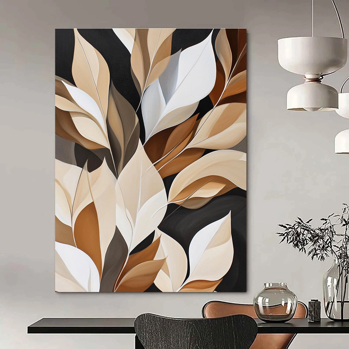 Abstract painting featuring white leaves on a rich brown and black background with geometric shapes for luxurious wall hanging.STSC367