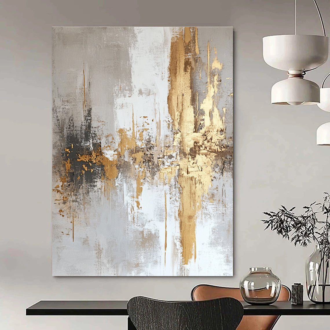 Large abstract painting featuring white and gold textures with light gray background and elegant gold foil accents.STSC508