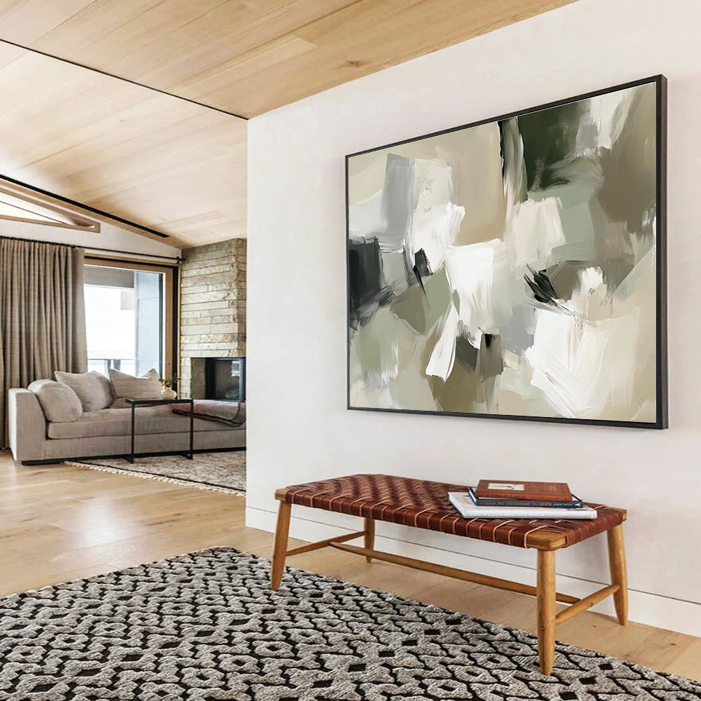 Beige Green and White Abstract Painting with Soft Shapes DYP404