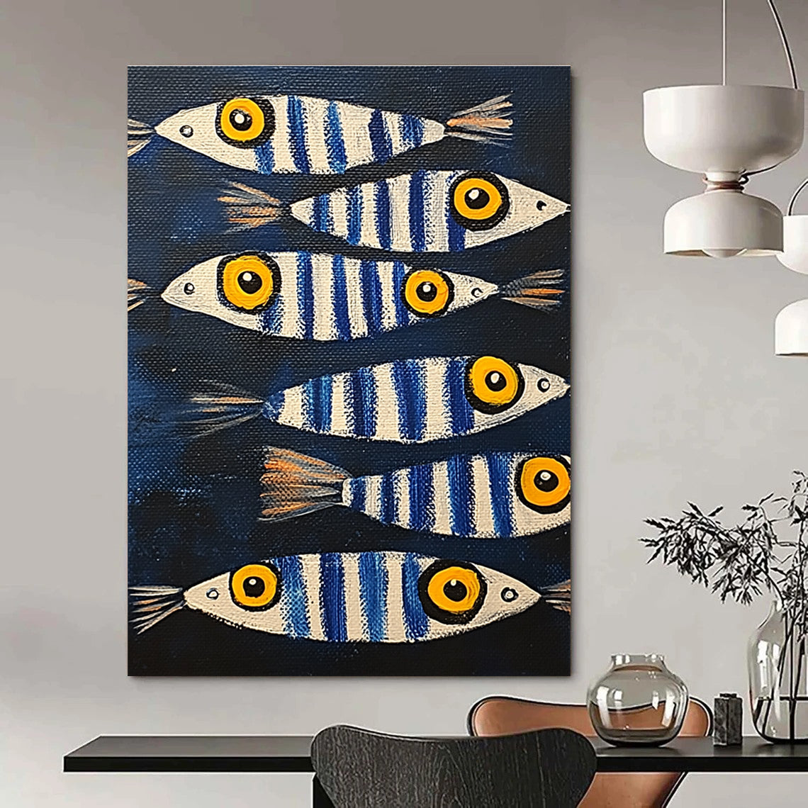 A large abstract painting featuring sardines with blue and white stripes and yellow eyes, set against a dark background.STSC1171