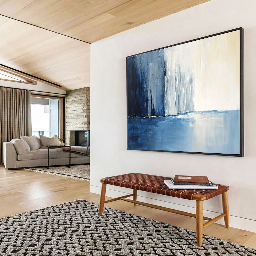 Large abstract painting of an icy blue river and snow-covered cliffs reflecting light, featuring dynamic brushstrokes and a deep gradient background.SC045