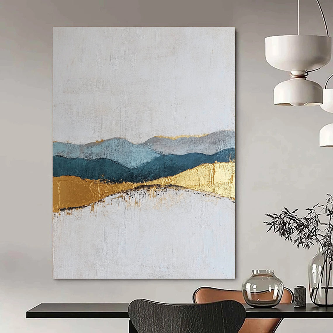 Large abstract painting featuring textured layers in neutral colors with elegant gold and blue accents for a sophisticated decor.STSC110