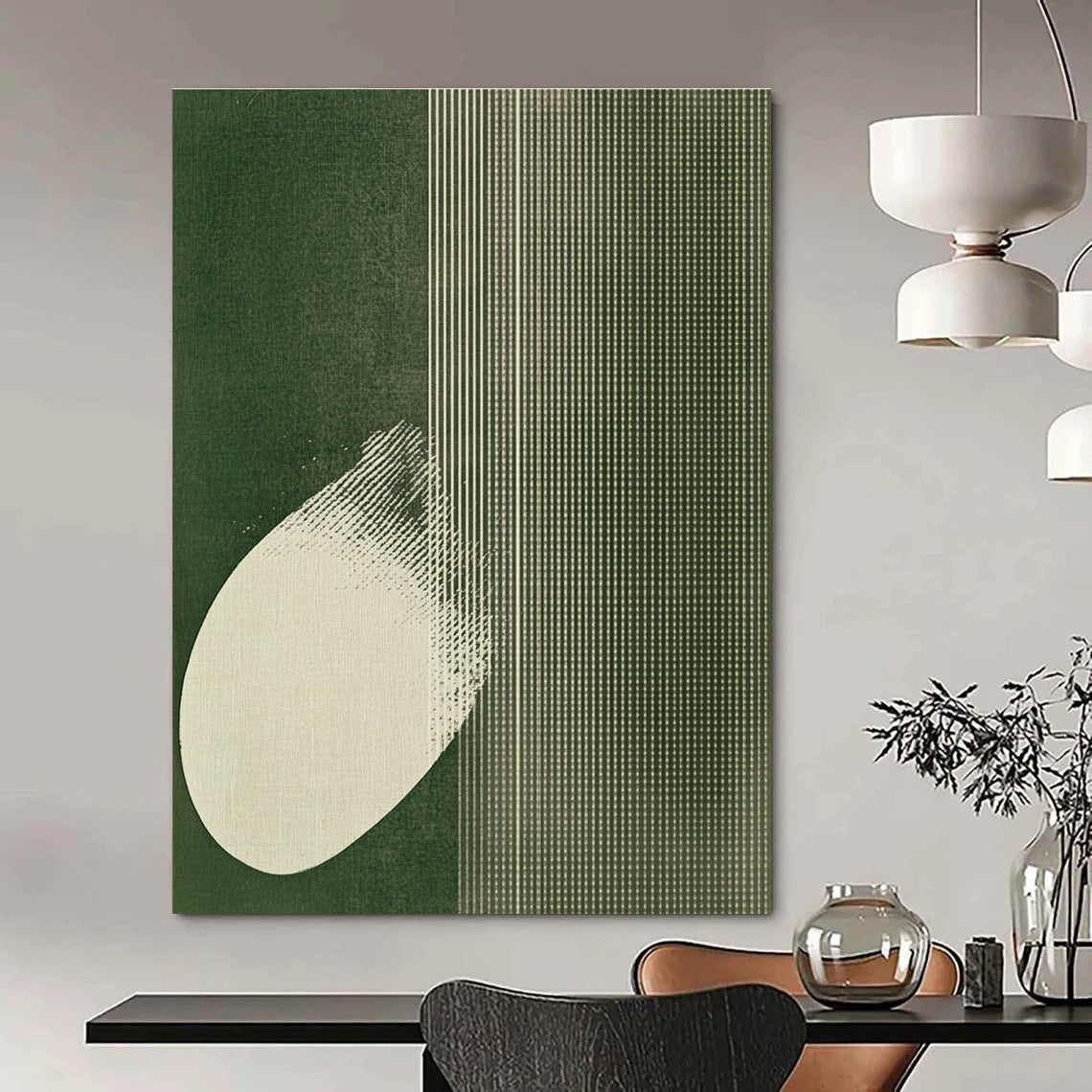 Large abstract artwork featuring white polka dots on emerald green with butterfly wings, creating a calm minimalist textile-inspired design.STSC1037