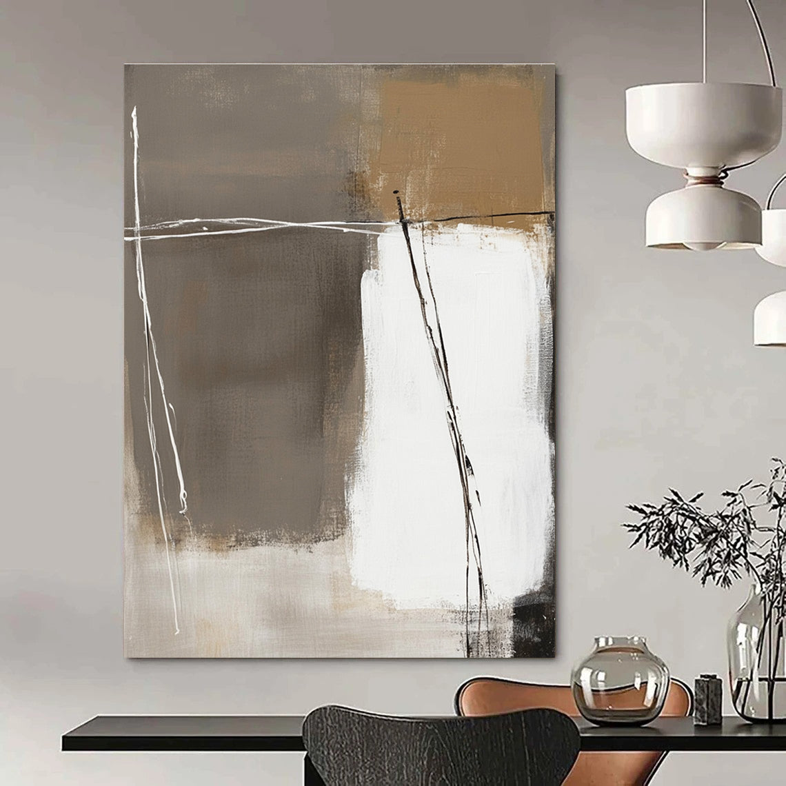 Large abstract painting in white and beige with brown accents on a dark gray background featuring thick brush strokes and hand-drawn lines.STSC564