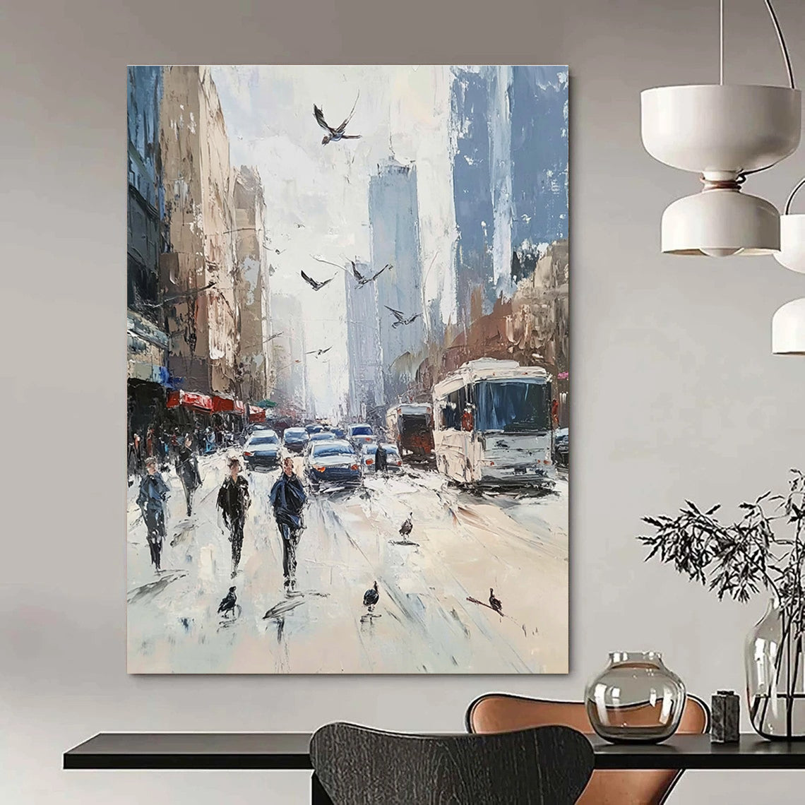 Vibrant abstract painting depicting a bustling city street with people cars and tall buildings in soft pastel colors and impressionist style.STSC930