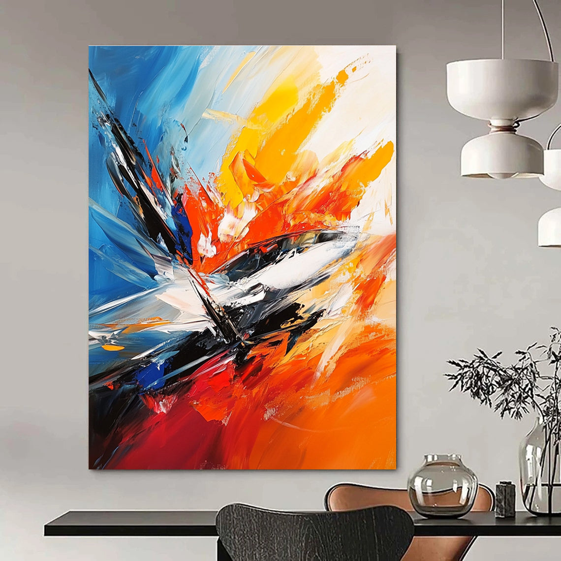 Large abstract painting featuring the F-20 fighter jet in a vibrant action scene with chaotic brush strokes and dynamic colors.STSC703