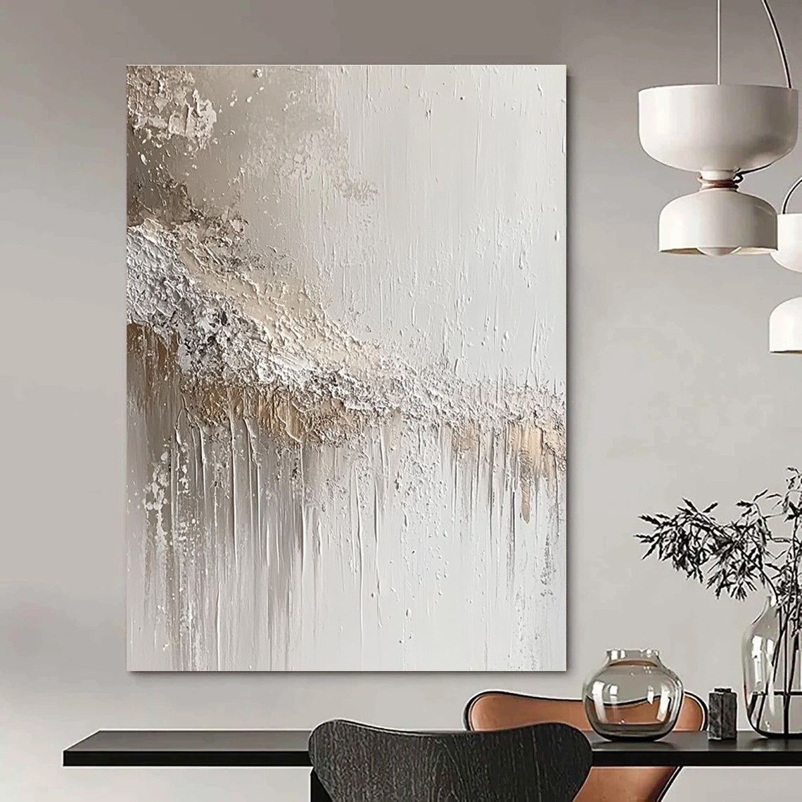 Large abstract painting featuring an apocalyptic landscape with intricate grey and silver splashes inspired by Zdzisław Beksiński.STSC843
