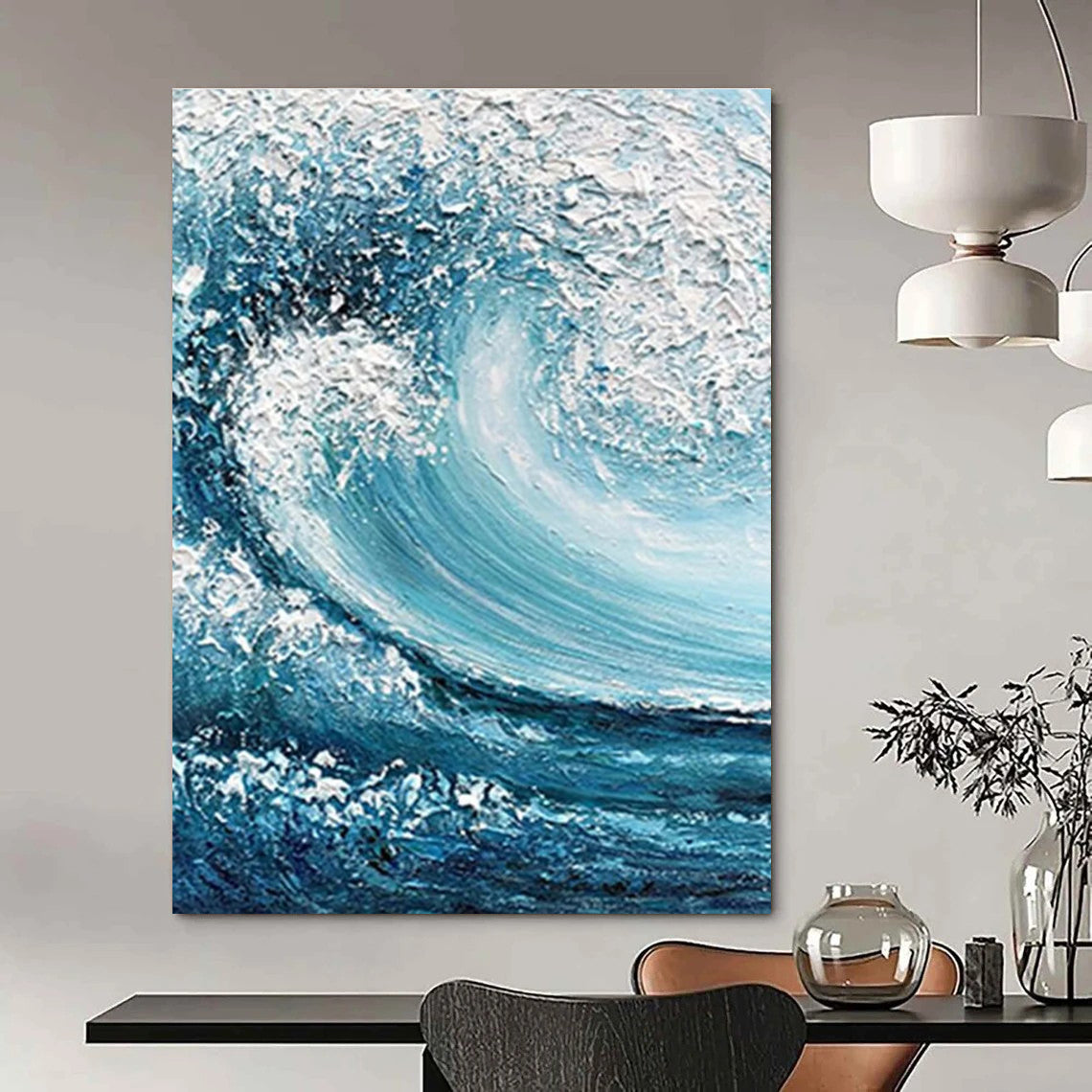 Blue and White Turbulent Wave Abstract Painting ADGE322