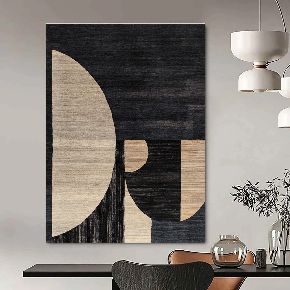 Large abstract rug featuring a minimalistic Bauhaus design with soft edges contrasting dark gray beige black and white tones.STSC1169