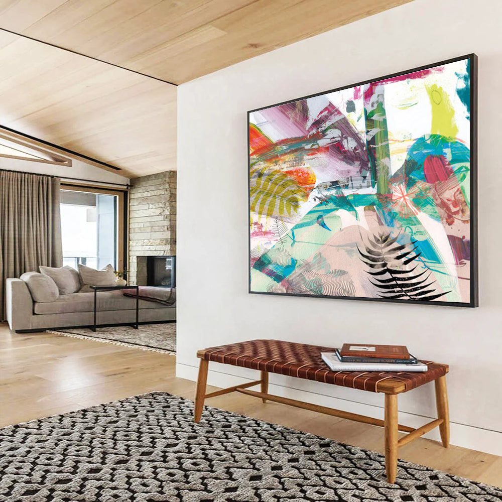 Vibrant Mixed - Media Abstract Painting with Colorful Patterns and Ferns THY118