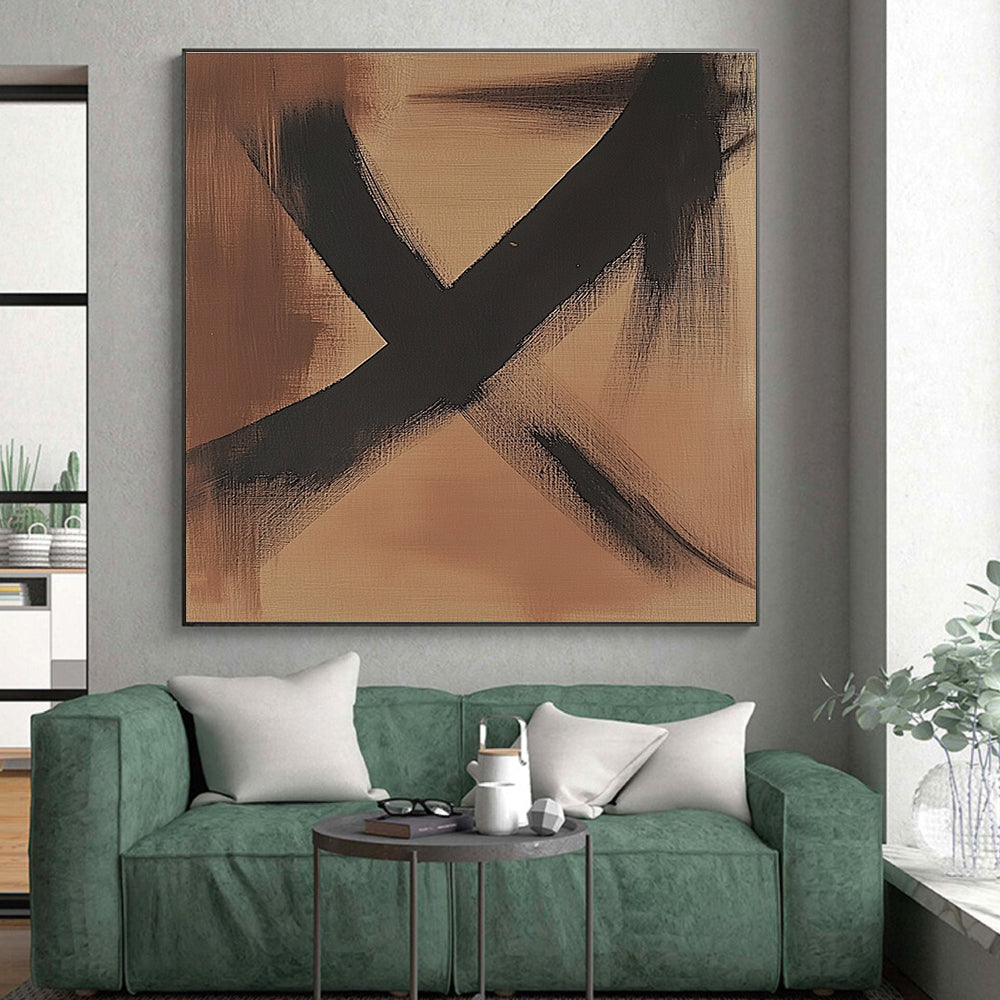 Brown and Black Abstract Painting with Minimalist Lines GER592