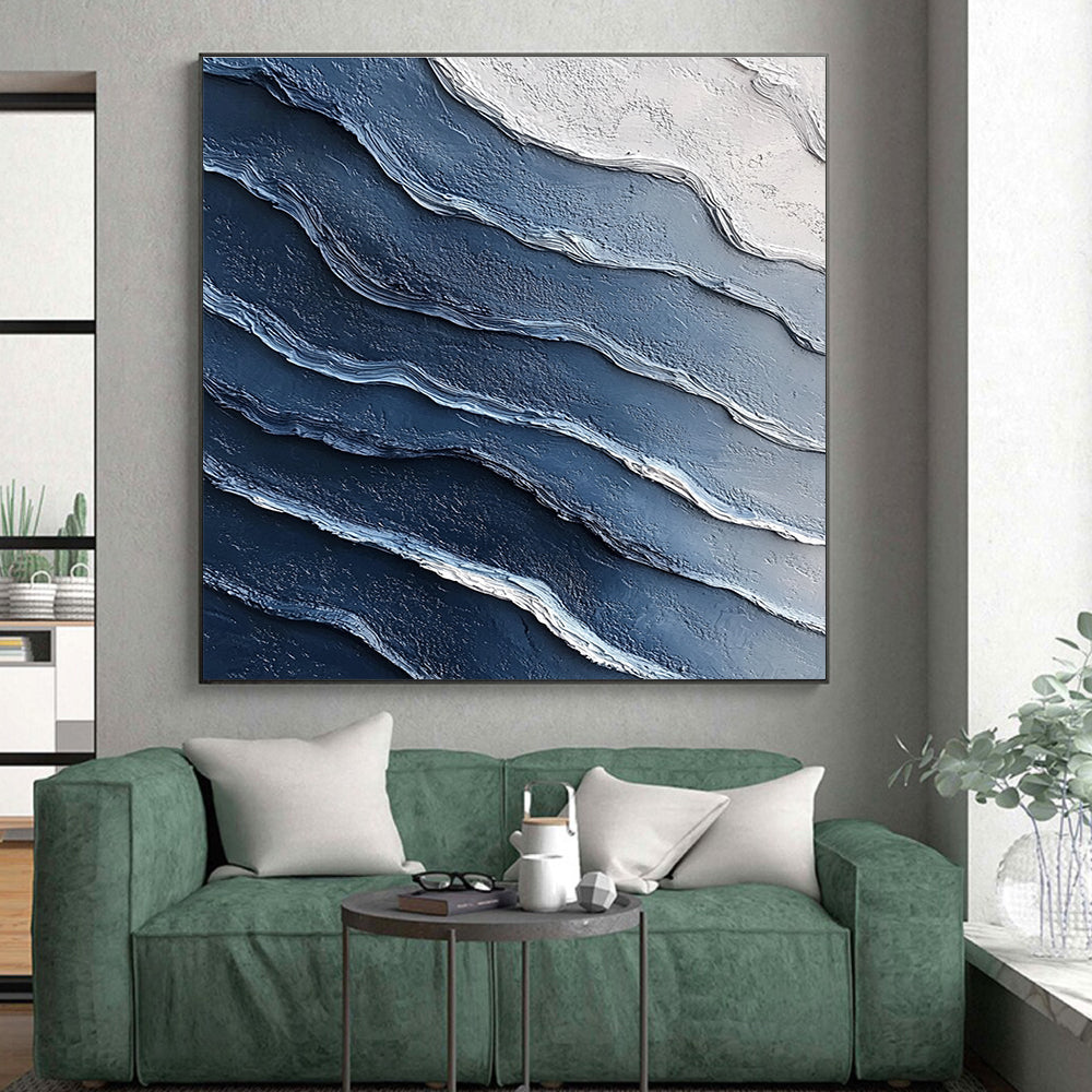 Blue and White Wave Abstract Painting with Textured Ridges GER072