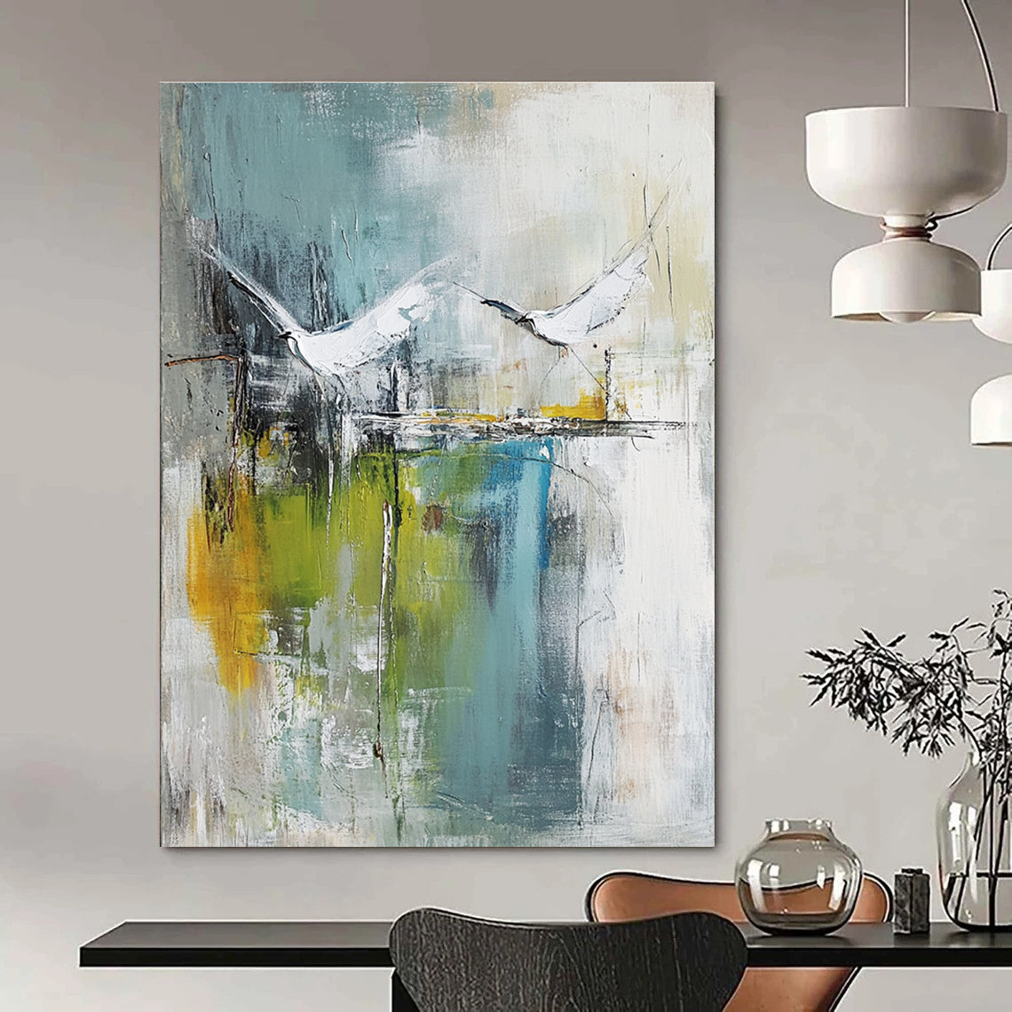 Large abstract painting of birds soaring over water in pale green and white with hints of blue beige and gray in a mixed media style.STSC303