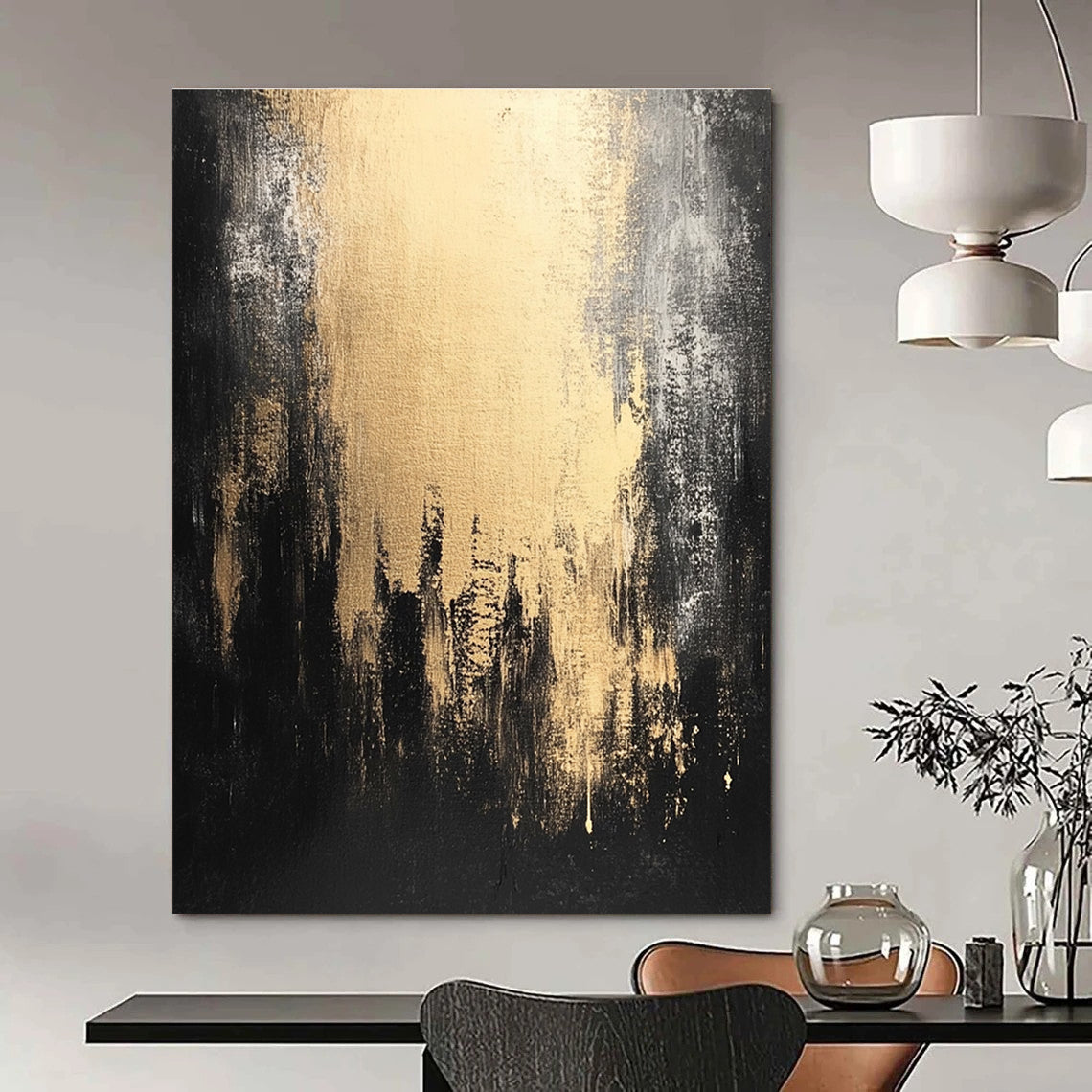Large abstract painting in dark gray and light gold showcasing urban decay with black shadows for a captivating contemporary atmosphere.STSC228