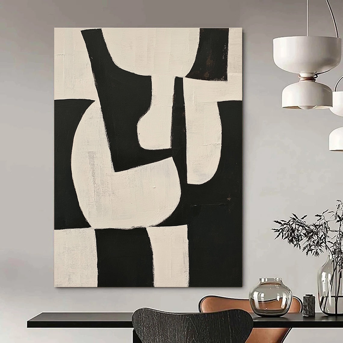 Large abstract painting featuring black and white shapes on a beige background with organic forms and overlapping lines for depth and elegance.STSC329