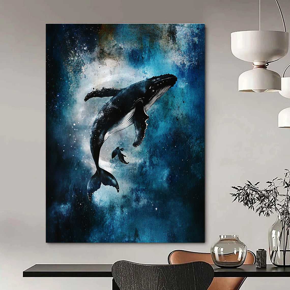 Abstract art featuring humpback whales, swirling vortices, glowing stars, and misty underwater scenes in a dark blue and white color palette.STSC1466