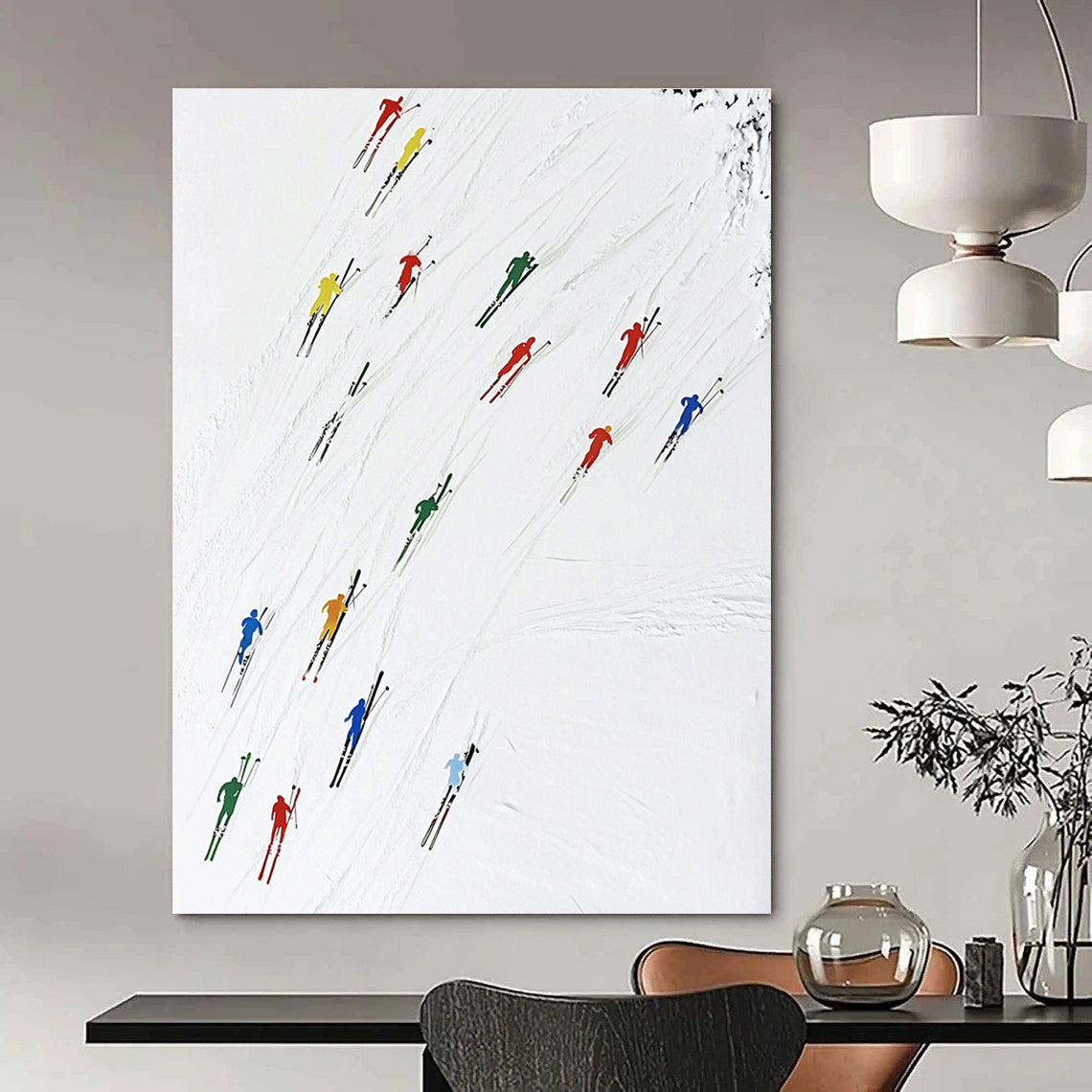 A large abstract painting featuring colorful skiers dynamically moving across the snow capturing speed and vitality in a minimalist style.STSC986