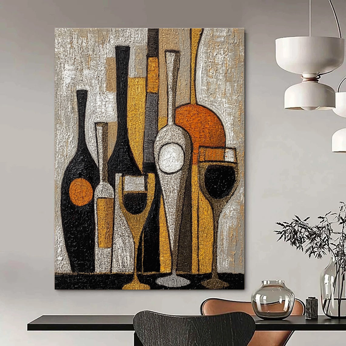 Large abstract painting featuring wine bottles and glasses with textured black white orange and gold embroidery.STSC369