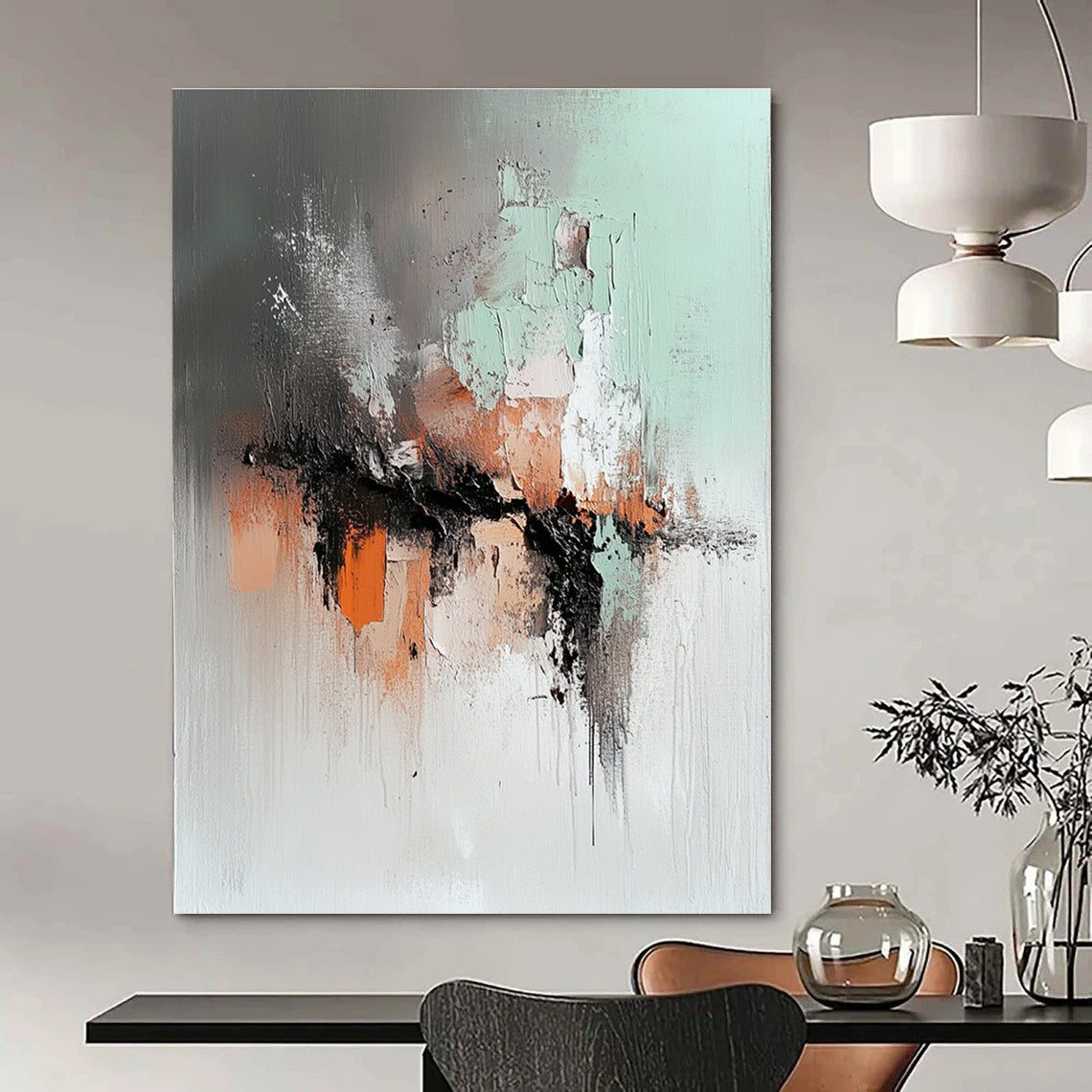 Large abstract painting featuring soft gray mint green and rust orange with a dark brown lava flow and a blurred silhouette walking away.STSC795