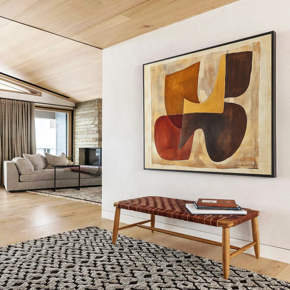 Large abstract painting inspired by Jean Arp featuring organic shapes in earthy browns and oranges.SC514