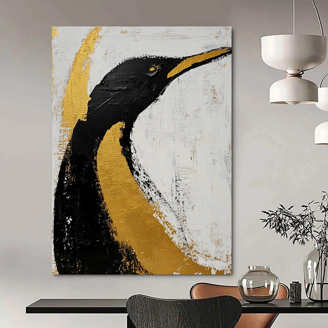 Large abstract art featuring a black and gold penguin on a white background with clean dark lines brush strokes and gold leaf accents.STSC010